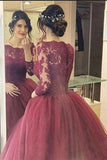 Cheap Burgundy Lace Three Quarter Sleeve Ball Gown Elegant Long Prom Dresses PM670
