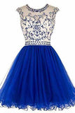 Beading Hollow Back Tulle Royal Blue Short Prom Dress