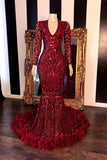Burgundy V-Neck Long Sleeves Mermaid Prom Dresses Feather With Sequins PD0723