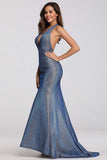 Sexy V-Neck Halter Blue Backless Prom Dress Long Party Dress P1171