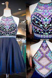 Chiffon Halter Neck Navy Beaded Sequins Crystals Cheap Homecoming Dress