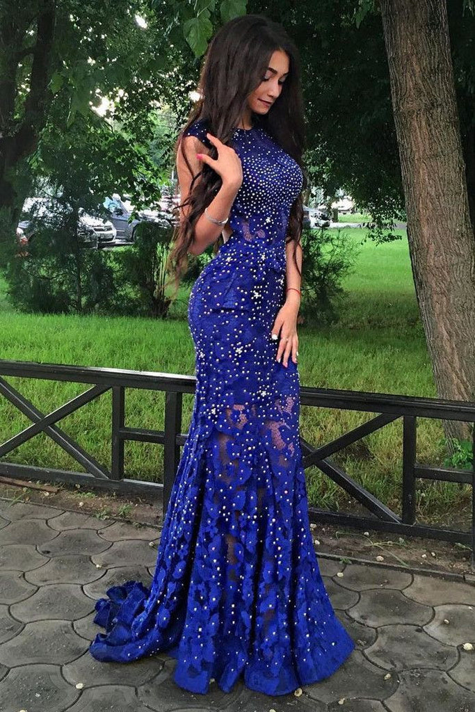 Mermaid Royal Blue Jewel Beading Sweep Train Lace Backless Prom Dress