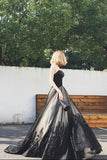 Elegant Black A-line Sweetheart Strapless Tulle Lace Appliques Lace up Prom Dresses uk PW29
