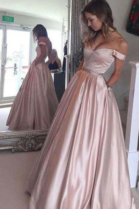 Pearl Pink A Line Off The Shoulder Sweetheart Pockets Long Prom Dress ...