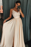 Pearl Pink A Line Spaghetti Straps Side Slit Prom Dresses with Appliques PH650