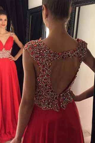 Red Chiffon Open Back V-Neck Cap Sleeves Lace Beaded Prom Dress