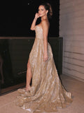 A Line Sequins One Shoulder Slit Long Prom Dress Evening Dresses OK2019