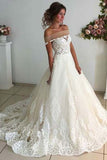 Charming Off the Shoulder Long Tulle Lace Wedding Dress PW279