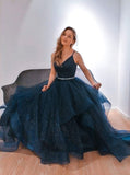 Shiny Ball Gown Navy Blue Tulle Long Prom Dress