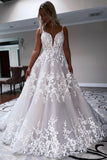 Ball Gown V Neck Tulle Wedding Dress with Appliques N107