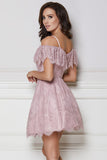 A Line Cold Shoulder Purple Lace Homecoming Party Dresses with Ruffles Prom Dresses H1340