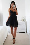 A-Line Spaghetti Straps Lace up Short Black Lace Above Knee Homecoming Dresses H1017