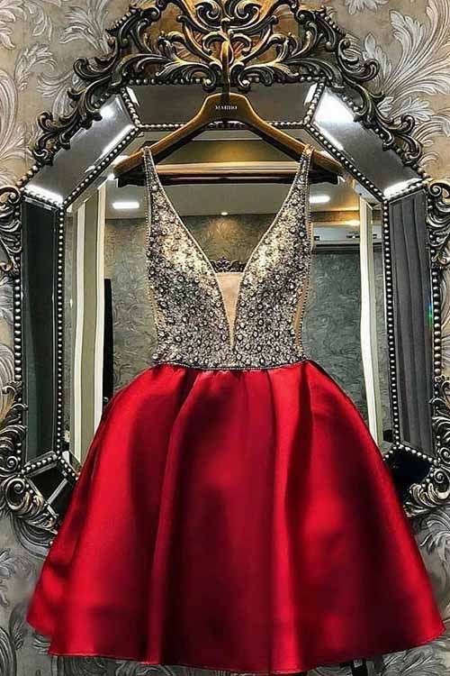 A Line Burgundy Satin Homecoming Dresses Short V-Neck with Beading Prom Dresses H1202