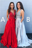 A-line Deep V Neck Beads Red Backless Long Prom Dresses With Pockets, Party Dress PW421