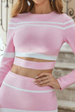 Pink Two Piece Long sleeves Round Neck Short Homecoming Dresses