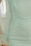 Beautiful Light Green One Shoulder Tulle Long Sleeves Short Homecoming Dresses