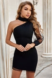 Black One shoulder Tulle Long Sleeves Short Homecoming Dresses