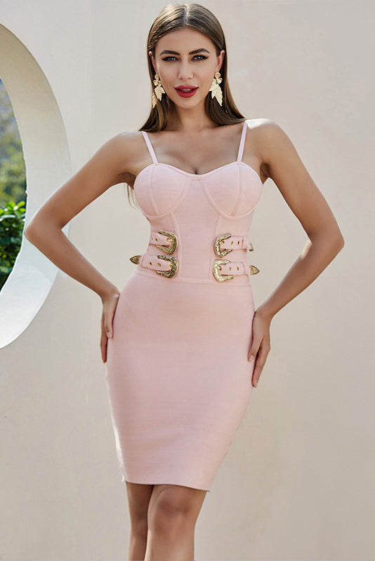 New Arrival Pink Spaghetti Straps Waist Tie Sheath Homecoming Dresses