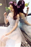 A Line Tulle Short Sleeves Off the Shoulder Gray Lace up Sweetheart Homecoming Dresses uk PH897