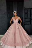Chic Ball Gown Straps Pink Cap Sleeve Sparkly V Neck Beads Quinceanera Dress with Pockets PW228