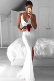 Sexy White Mermaid Deep V-Neck Criss-Cross Straps Split White Lace Prom Dresses PH698