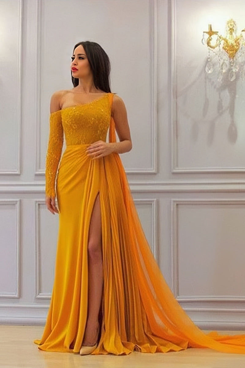 A Line Yellow One Long Sleeve Chiffon Prom Dresses, High Slit Formal ...