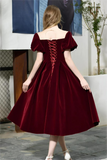 A Line Short Sleeve Tea Length Velvet See Through Neck Princess Prom Dresses S04