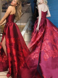 A Line Strapless Burgundy Satin Prom Dress with Appliques P1363