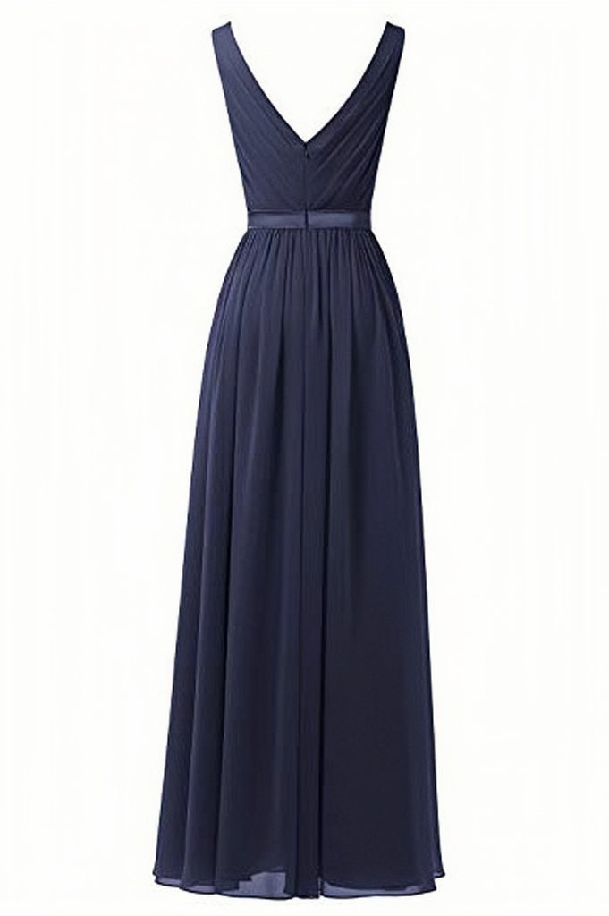 A Line V Neck Chiffon Navy Blue Floor Length Prom Dresses PW337