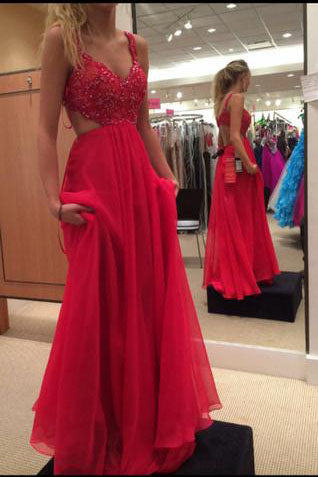 Red Bodice Chiffon Spaghetti Strap Lace Backless Long Prom Dress