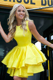 Cute A Line Round Neck Yellow Open Back Satin Short Homecoming Dresses uk with Pockets PH949