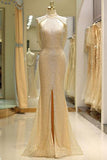 Mermaid High Neck Floor Length Split Gold Prom Dresses uk with Sequins Beading PW79