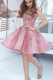 A Line Pink V Neck Lace Beads Satin Knee Length Short Prom Dresses,Homecoming Dress PH676