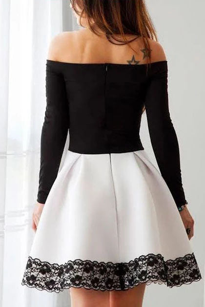 A Line Black and White Off the Shoulder Long Sleeve Lace Homecoming Dresses H1311