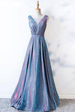 A Line Blue Lace up Ruffles Prom Dresses V Neck Satin Long Cheap Evening Dresses PW675