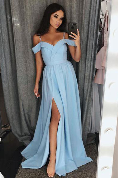 A Line Blue Sweetheart Cold Shoulder Satin Prom Dresses with Slit Long Party Dress PW674