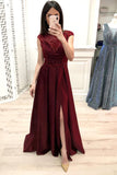 A Line Burgundy Cap Sleeve Prom Dresses, Long Beading Slit Evening Party Dresses PW897