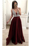 A Line Burgundy V Neck Prom Dresses with Beads Sleeveless, Party Formal Dresses PW877