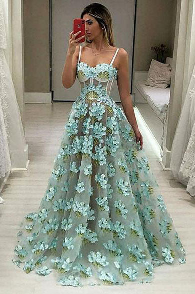 A Line Chic Spaghetti Straps Sweetheart Appliques Blue Prom Dresses, Long Party Dresses P1036
