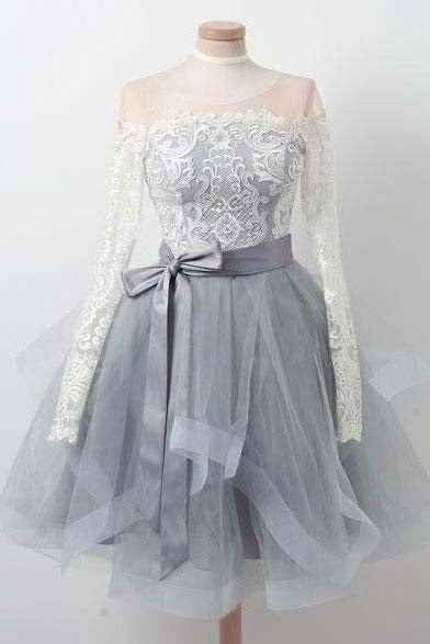 A Line Gray Long Sleeve Scoop Lace Appliques Homecoming Dresses with Belt, Prom Dress H1055