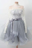 A Line Gray Long Sleeve Scoop Lace Appliques Homecoming Dresses with Belt, Prom Dress H1055