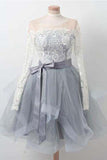 A Line Gray Long Sleeve Lace Appliques Homecoming Dresses with Belt H1055