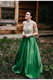 A Line Halter Emerald Green Beaded Prom Dresses Backless Satin Long Prom Dresses PW825