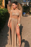 A Line Long Sleeve High Neck Brown Prom Dresses, High Slit Floor Length Party Dresses PW932