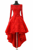 A Line Long Sleeve Red High Low Scoop Lace Homecoming Dresses with Lace Appliques PW835