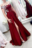A Line Off the Shoulder Burgundy Satin Split Sweetheart Long Prom Dresses with Lace PW722