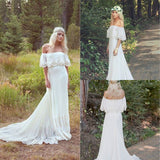 A Line Off the Shoulder Ivory Lace Beach Wedding Dress Chiffon Bridal Dress W1096