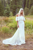 A Line Off the Shoulder Ivory Lace Beach Wedding Dresses Chiffon Bridal Dress with Chiffon W1096