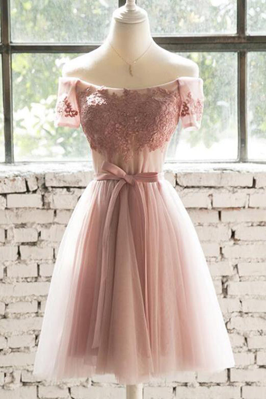 A Line Off the Shoulder Pink Lace Appliques Homecoming Dresses with Tulle, Short Dress H1001
