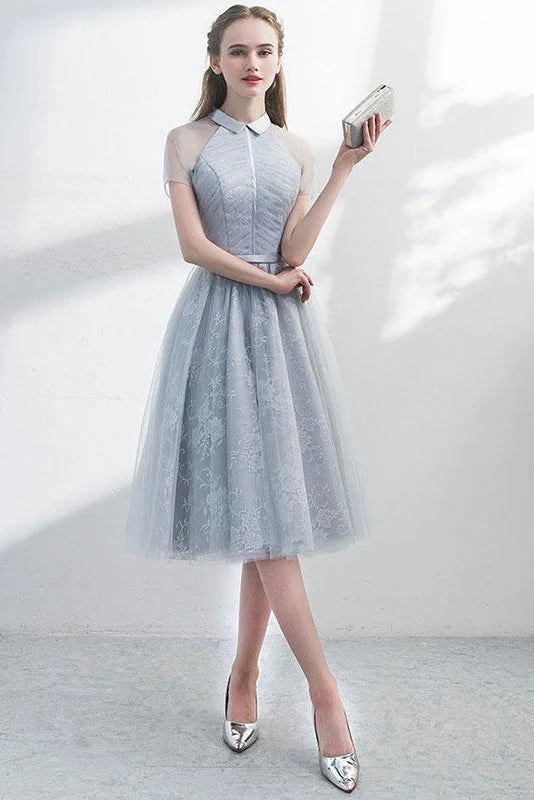 A Line Tulle Halter Short Sleeves Lace Cute Homecoming Dress Short Prom Dress H1284